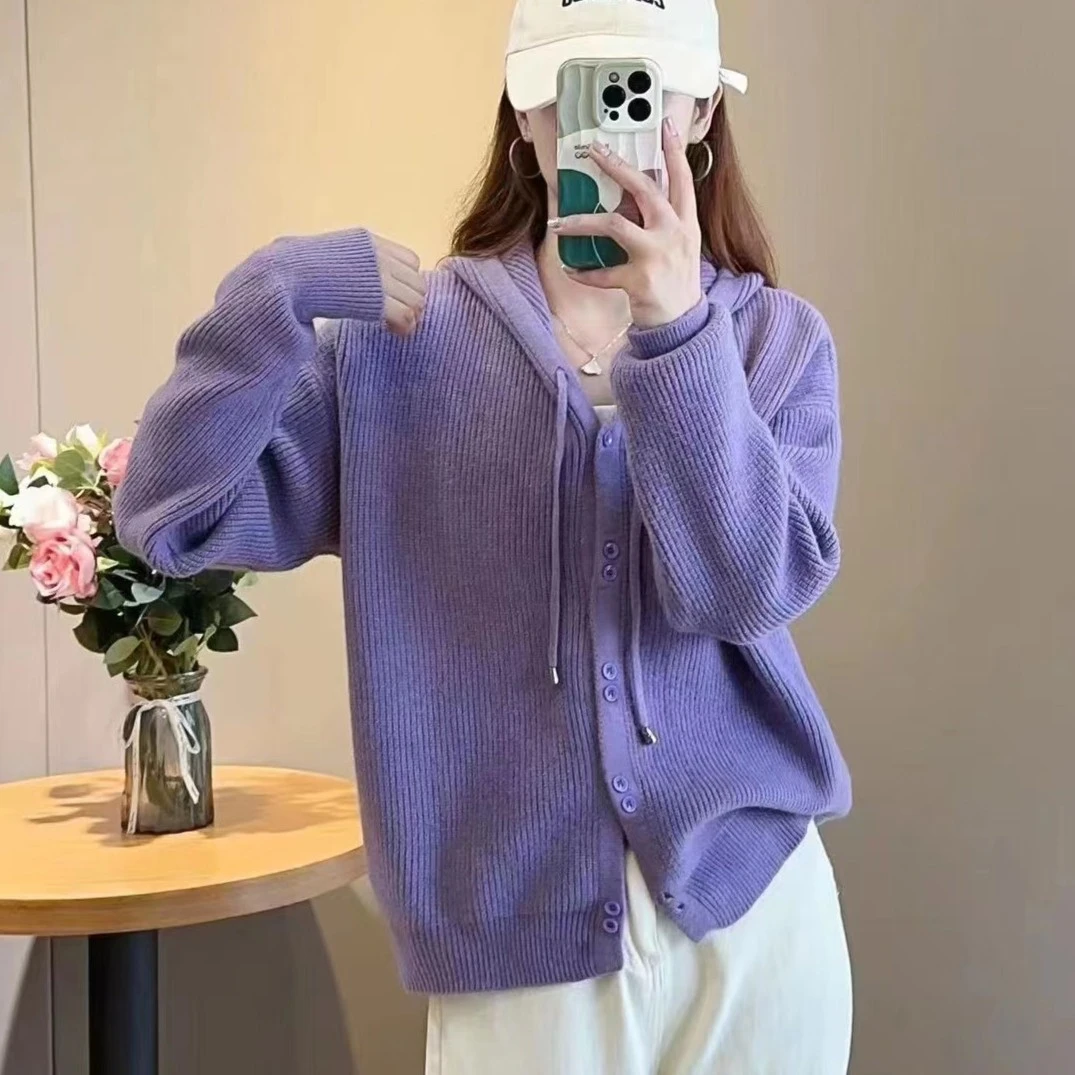 5005气质百搭毛衣针织连帽女新款外搭洋气小个子上衣针织纯色显瘦