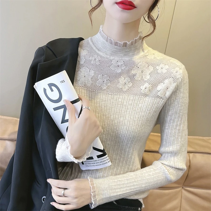 【汤圆专享 】2115刺绣蕾丝领显瘦针织打底上衣打底衫内搭