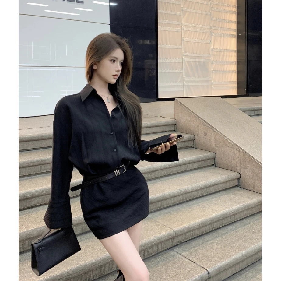 秋冬纹理感腰带收腰显瘦气质长袖黑色小众时尚衬衫连衣裙