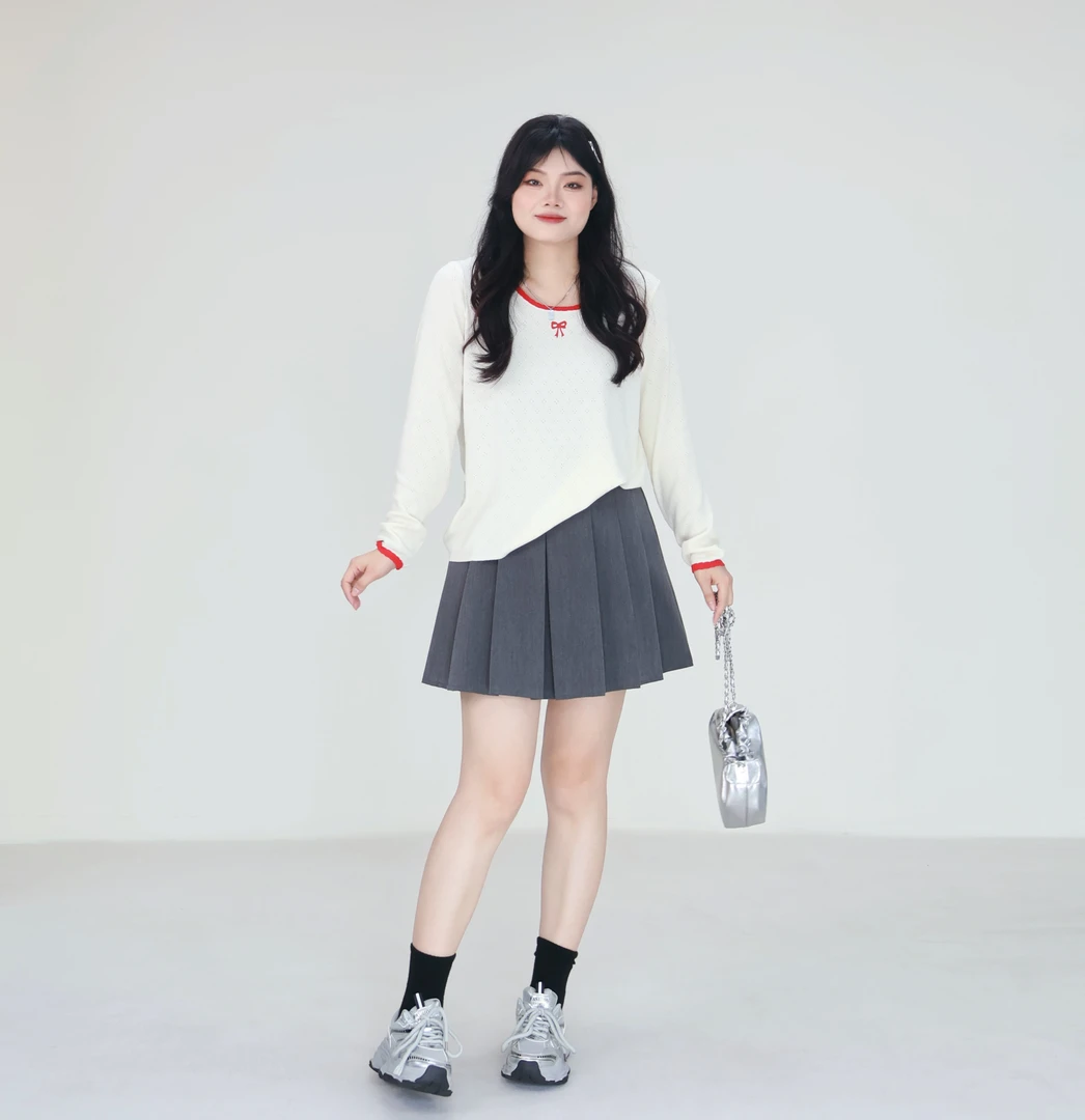【青屿衫】纯欲girl~微胖显瘦大码女装圆领长袖正肩上衣气质针织衫