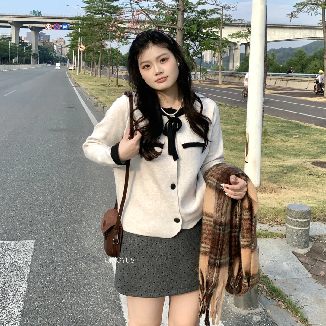 QINGYUS-冬季小香风系带拼色针织衫高级感微胖显瘦上衣大码女装