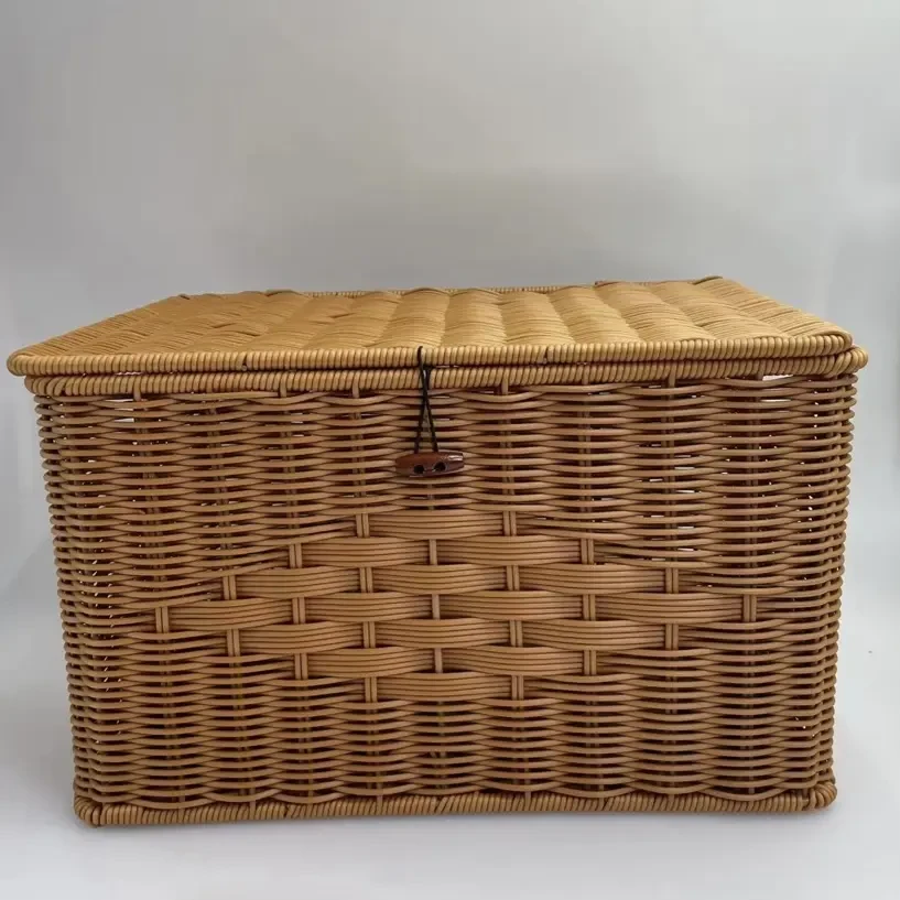 棕色新中式特大号带盖收纳筐箱手工编织储物大容量方形藤编欧式