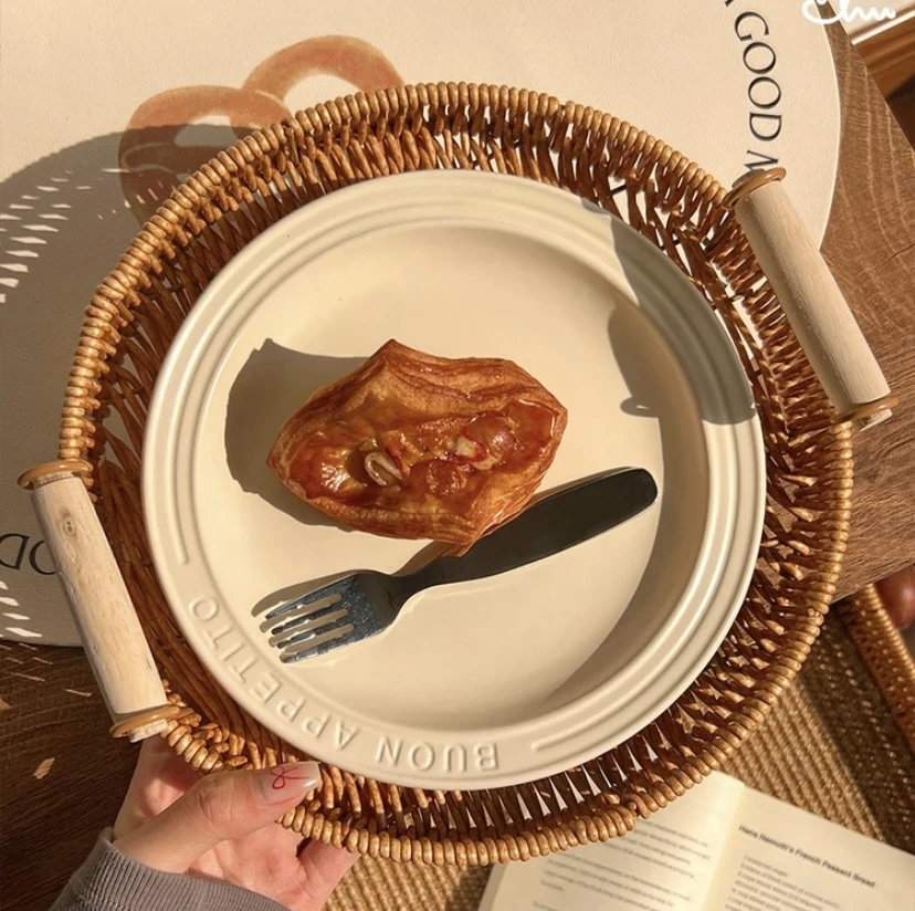 围炉煮茶家用手工果盘小吃零食面包野餐盘家用水果收纳筐中号圆形