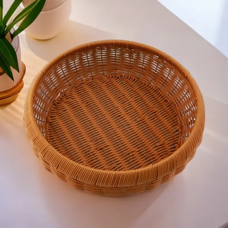 棕色圆形手工编织加固收纳馒头框家用收纳筐简约家庭直径30*高7