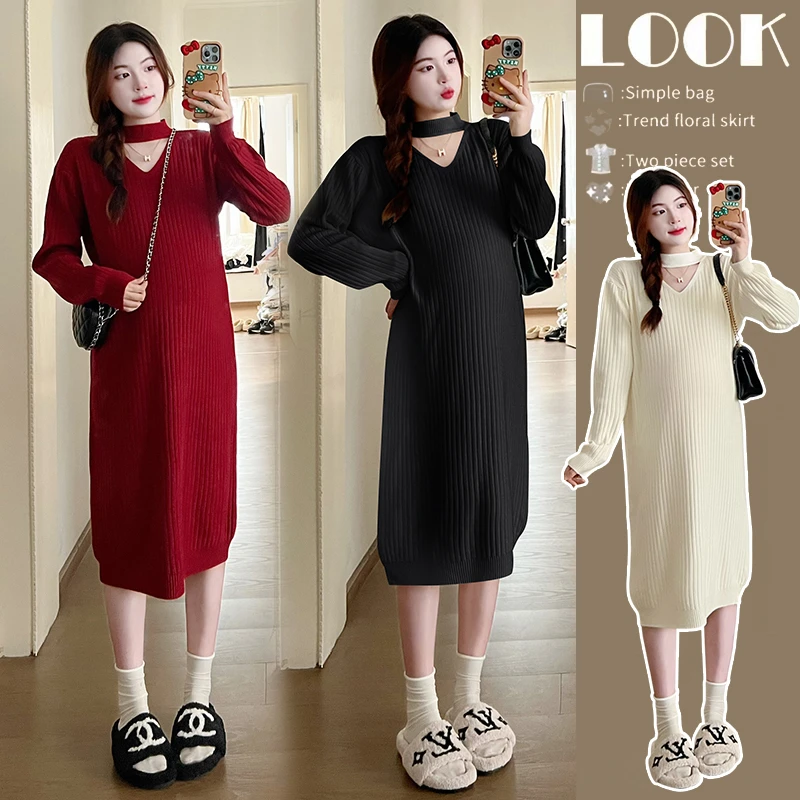 孕妇秋冬装新款冬季连衣裙时尚减龄秋季针织高领宽松中长款连衣裙