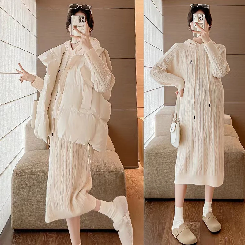 孕妇冬装时尚套装过膝百搭打底连帽毛衣裙宽松棉服秋冬外穿两件套
