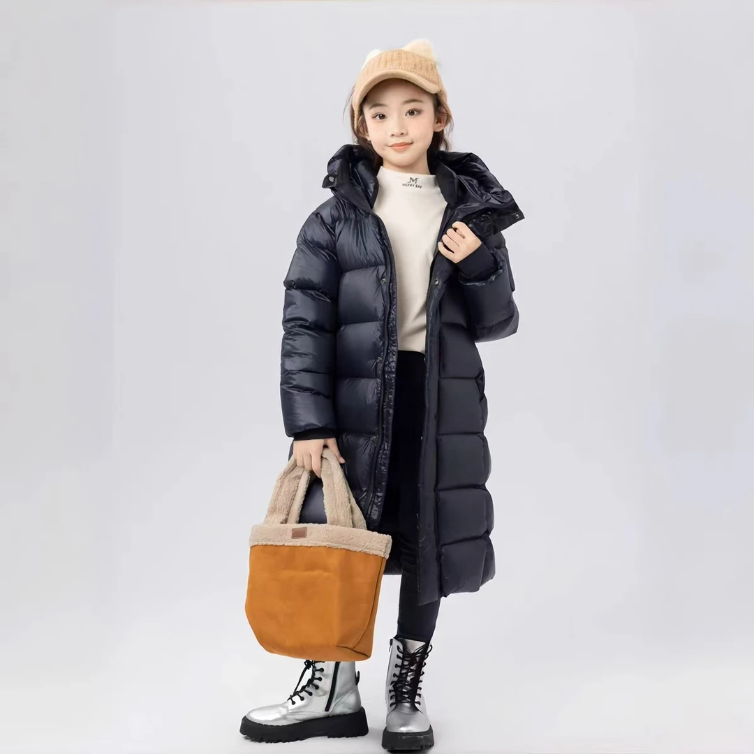 韩版高奢新款黑金儿童羽绒服冬季女童时尚休闲中长款加厚过膝外套