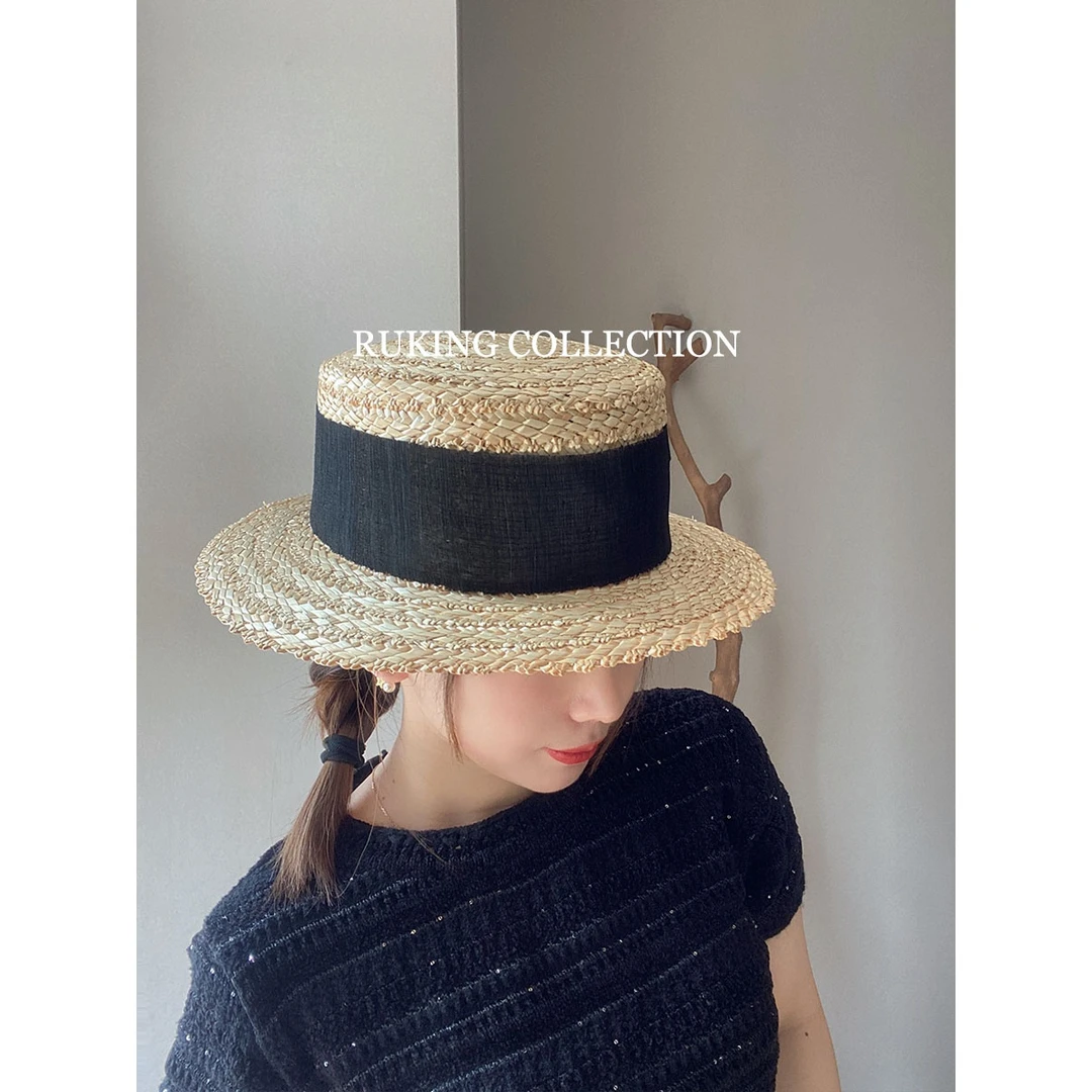 周迅同款绝版古董麦秆平顶草帽女新款法式夏天设计师款防晒礼帽子