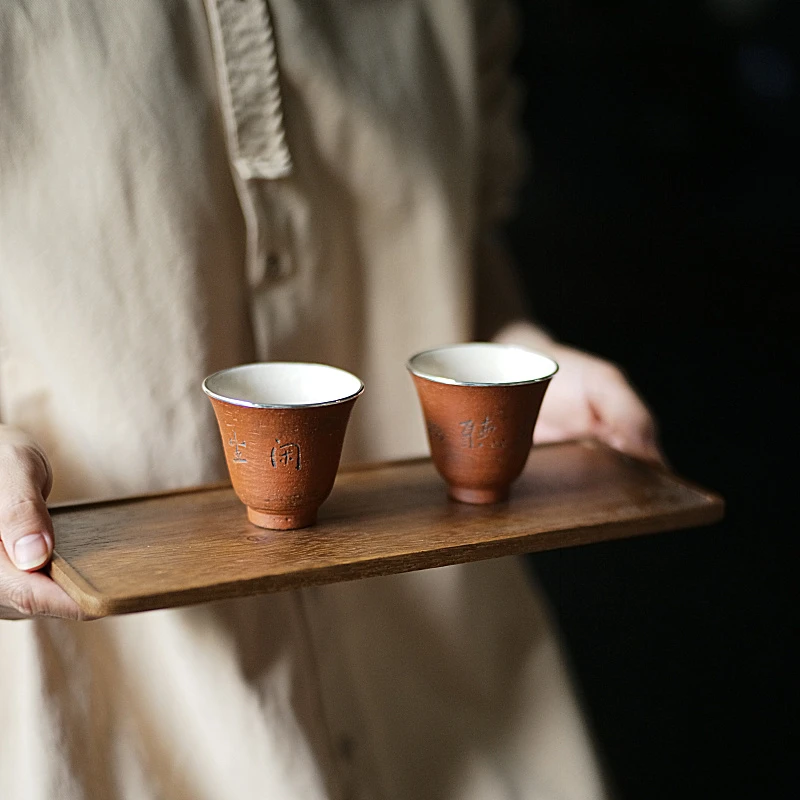 景德镇松风舍程伟手作陶泥刻字品茗杯包银边主人杯纯手工复古茶杯