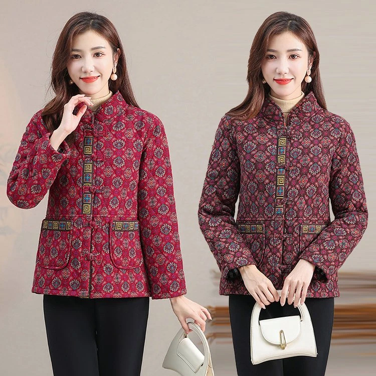 新款冬装盘扣立领棉衣中老年花色加厚保暖外套