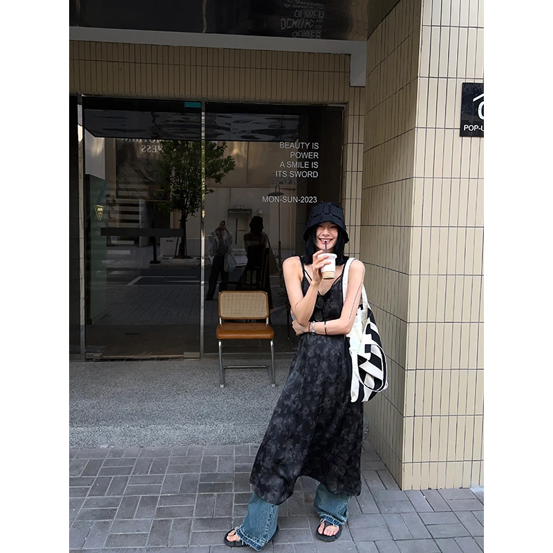 JCCC影子【青仓 瞬影】清冷气质 印花吊带连衣裙V领A字长裙JE4BSL10