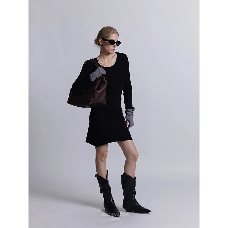 JCCC影子【柔秋】百搭袖口拼色针织打底连衣裙JE4FBL10