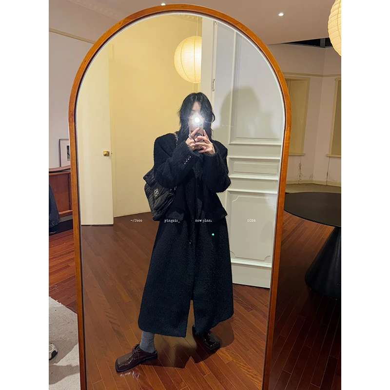 JCCC影子【朗月】黑色肌理感绗棉单面呢百搭长款大衣JE4IMD15