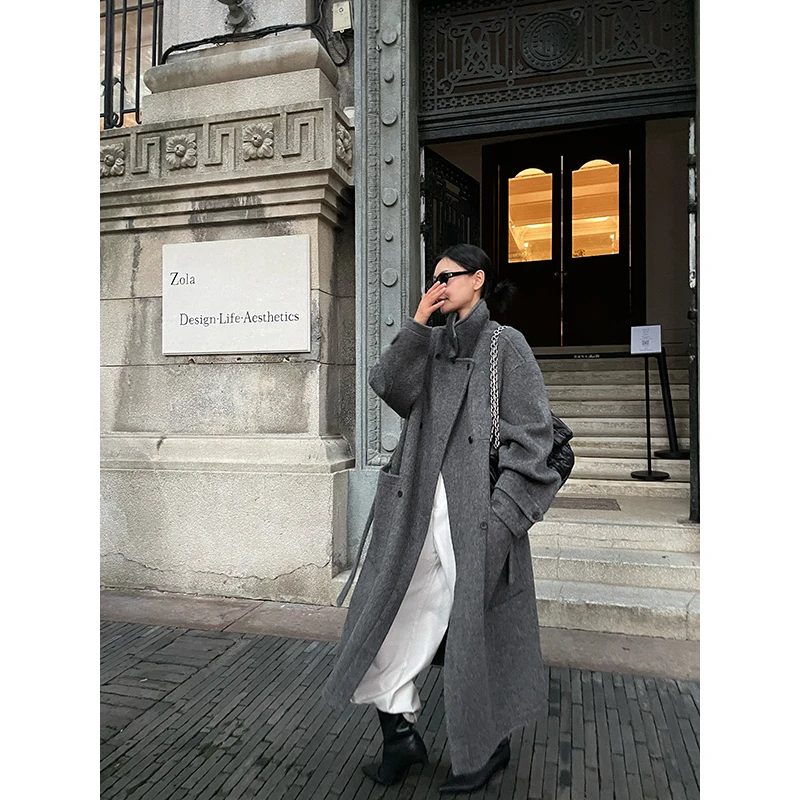 JCCC影子【偏灰调】廓形风衣式双排扣双面长款大衣JE4FMD24