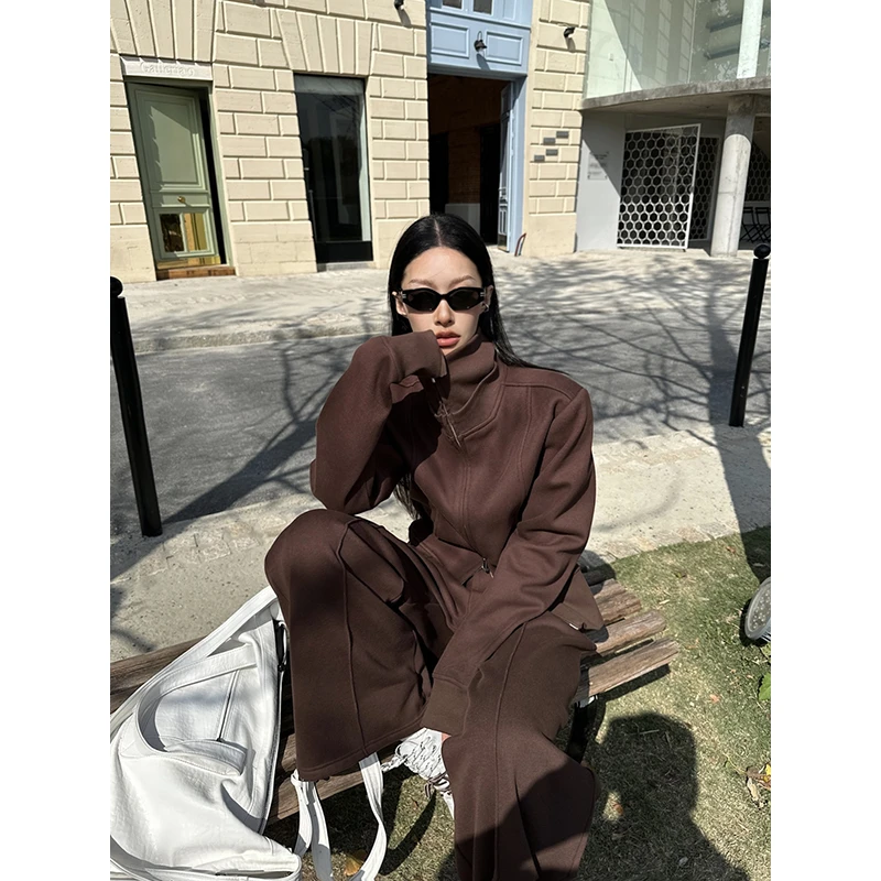 JCCC影子【山岚】加绒咖色双拉链廓形休闲卫衣套装JE4FAZ13