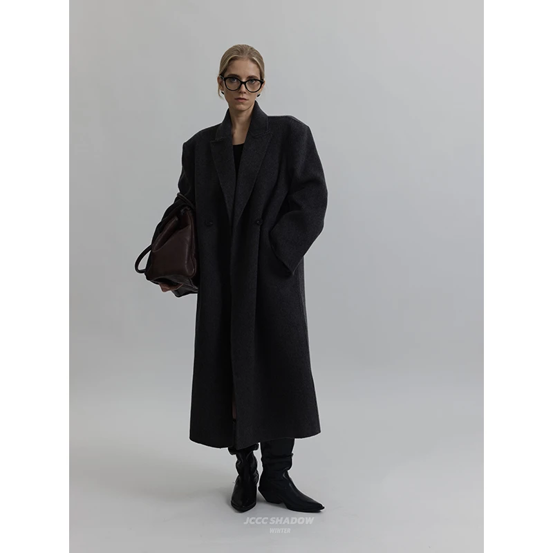 JCCC影子【雾雨眠】灰色收腰显瘦长款双面呢大衣JE4FMD11