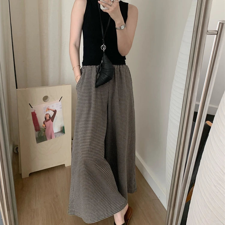 格子阔腿裤女夏季简约时尚休闲高腰显瘦外复古百搭长款超好看裤裙