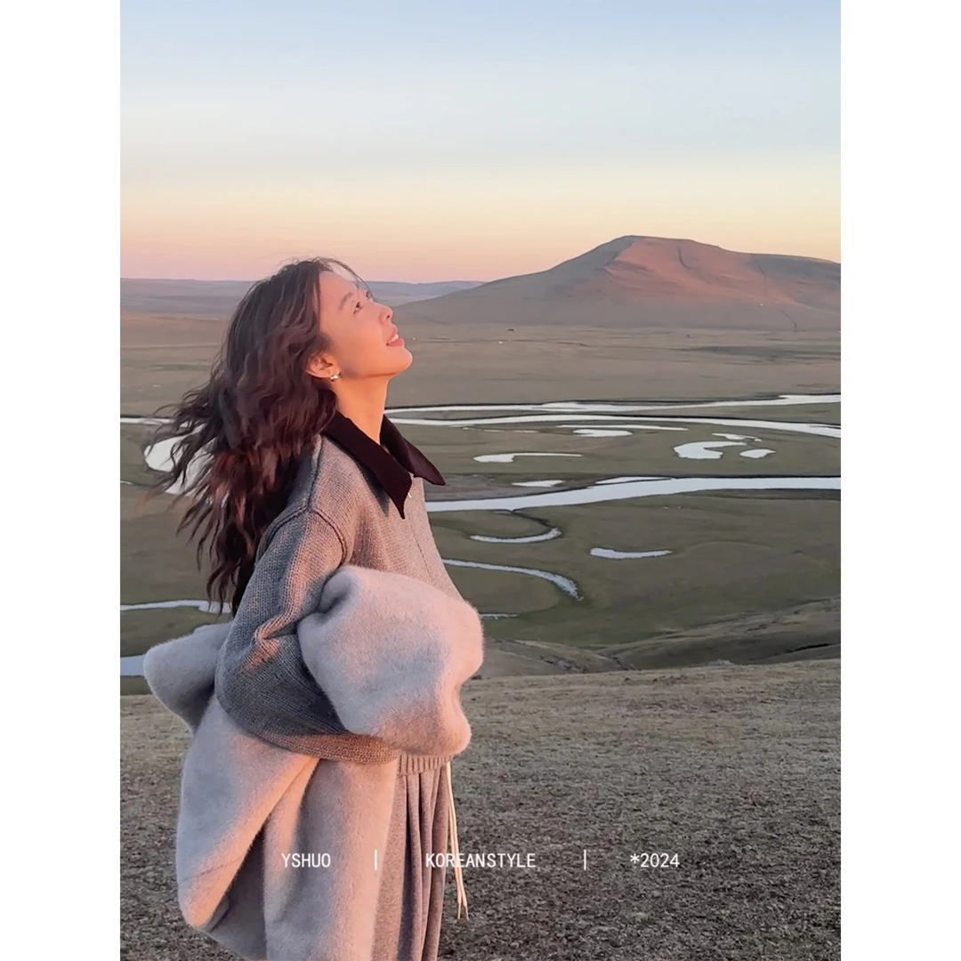 【半熟冬日】设计感独特翻领撞色洋气双拉链宽松套头毛衣24770