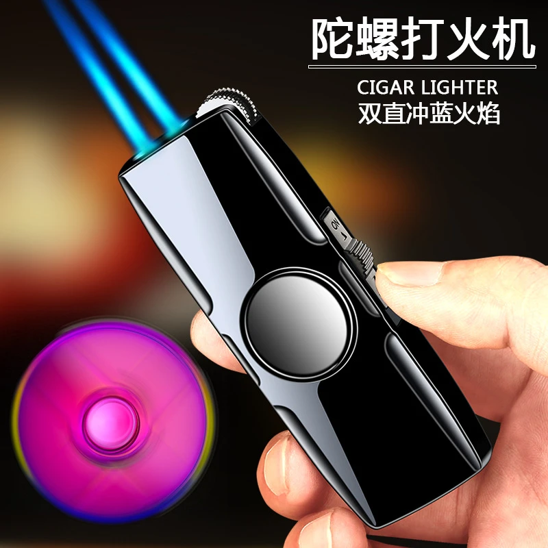 网红新款打火机创意时尚双火直冲指尖陀螺高端砂轮充气防风火机潮