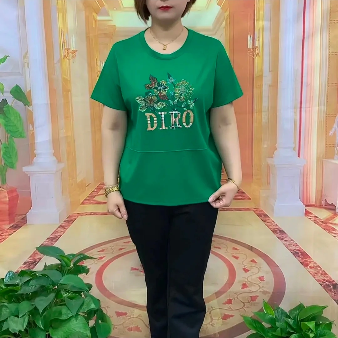 妈妈夏装新款时尚烫钻套头圆领短袖纯色宽松显瘦减龄女T恤衫6801