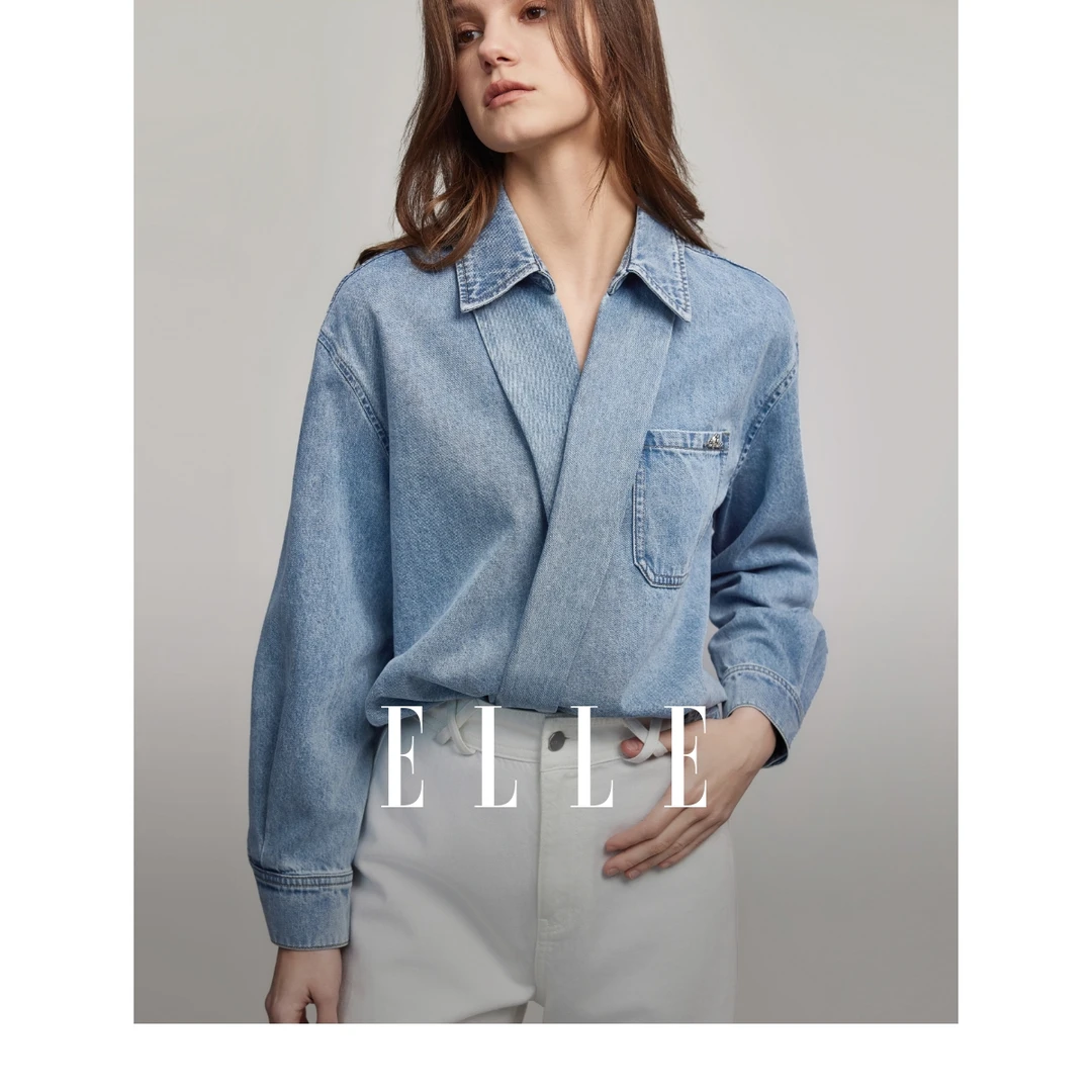 ELLE欧若风牛仔蓝色衬衫2025春季新款衬衣时尚宽松上衣-EC47314