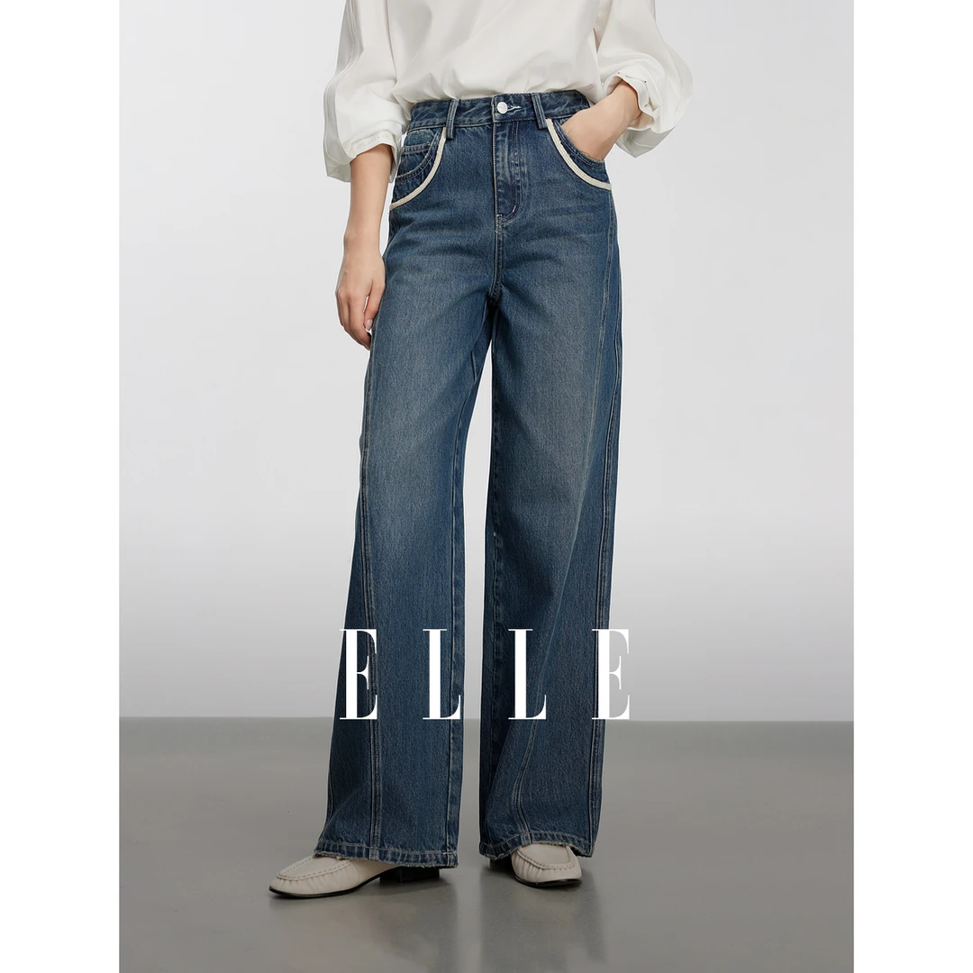 ELLE法式复古牛仔蓝高腰显瘦牛仔裤女205春季新款撞色小众EQ50539