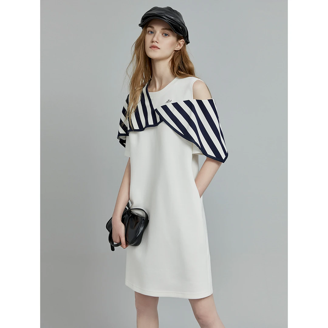 ELLE白色设计感露肩宽松连衣裙2025夏季新款简约小众裙子EL35235