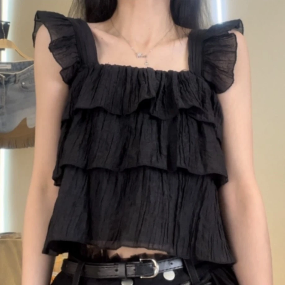 广州乐乐家~夏季甜美吊带背心女装法式荷叶边飞飞袖小个子百搭小