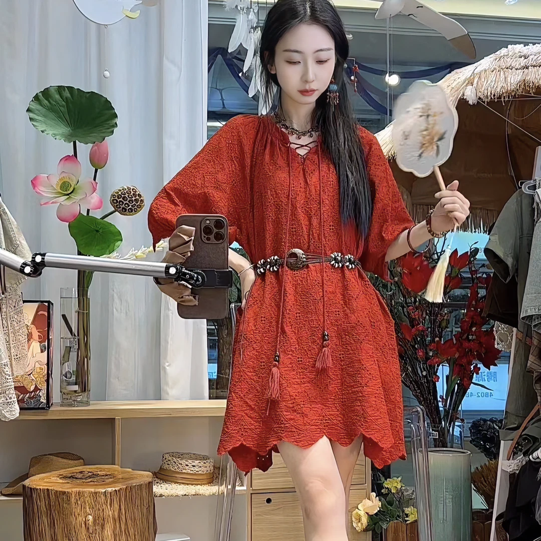 广州唐乐乐～新款高定镂空刺绣玫瑰色连衣裙休闲设计感小众BF0046