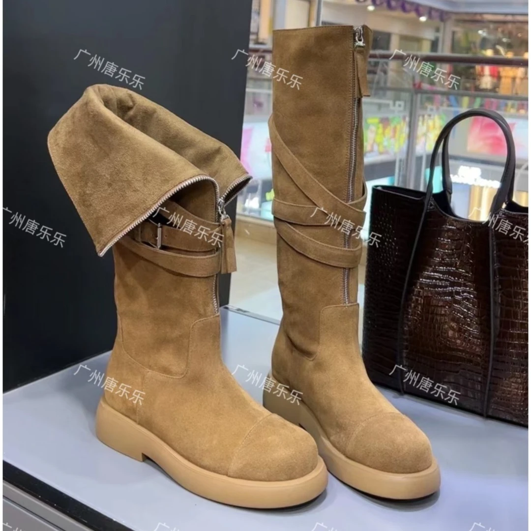 广州唐乐乐~秋冬新款保暖小众厚底拉链绑带百搭真皮女靴7190-2122