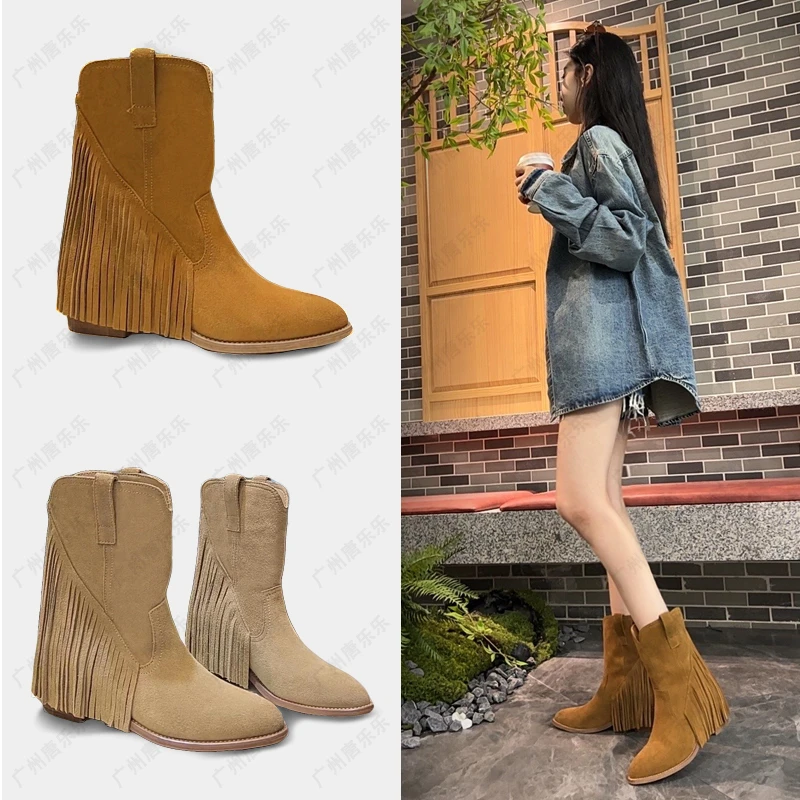 【现货发出】~磨砂真皮V口短靴单靴休闲尖头粗跟女靴流苏777-1（苏）