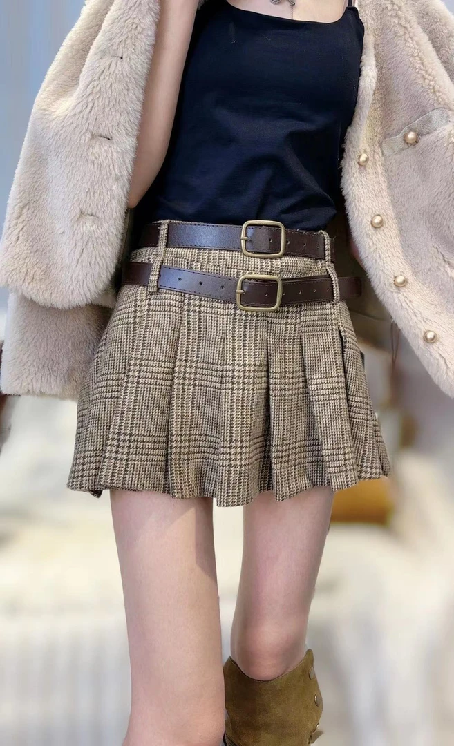 广州唐乐乐～新款洋气显瘦半身裙百褶短裙格子百搭A字女BF0256