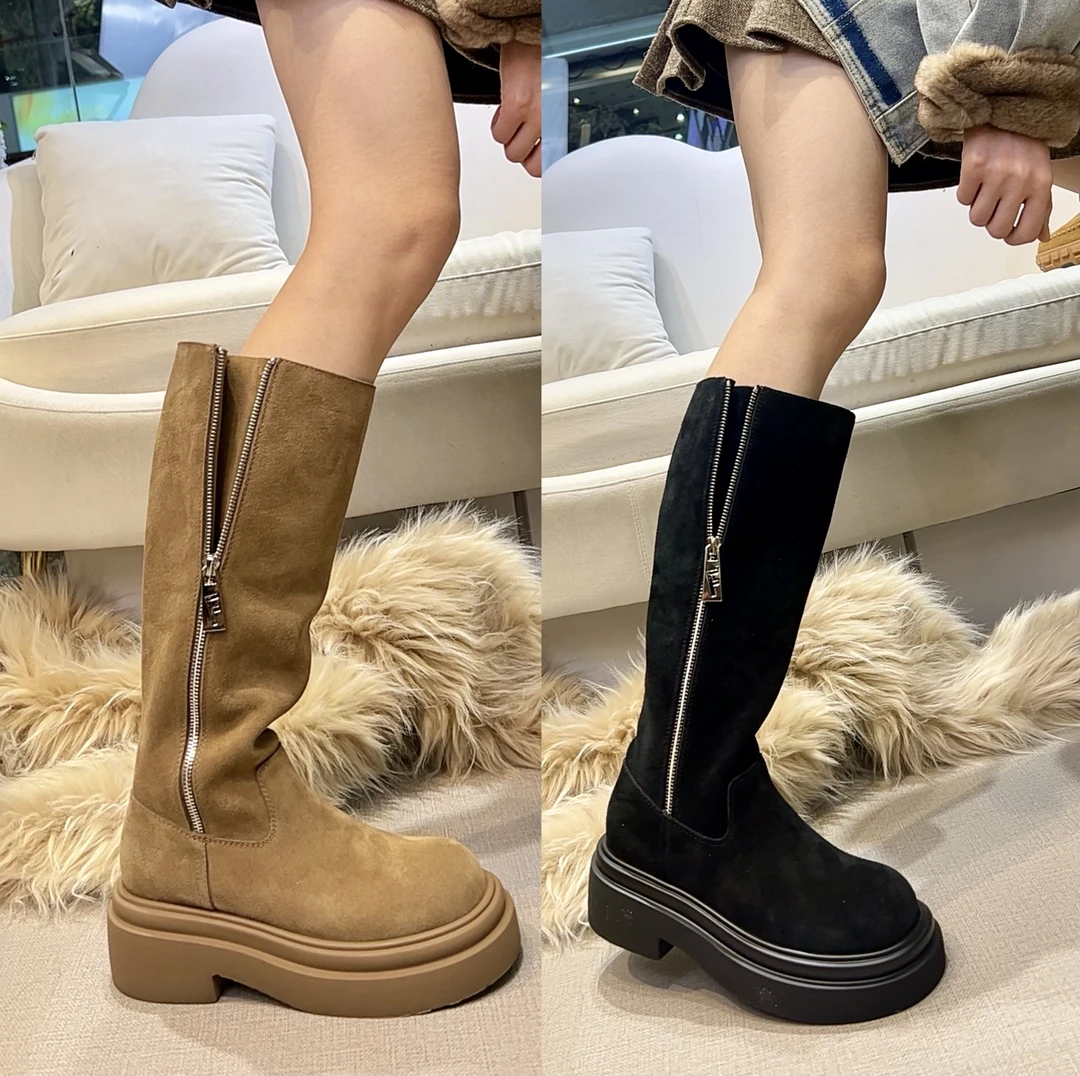 【现货发出】广州唐乐乐~磨砂真皮侧拉链厚底长筒靴女百搭靴7289-23