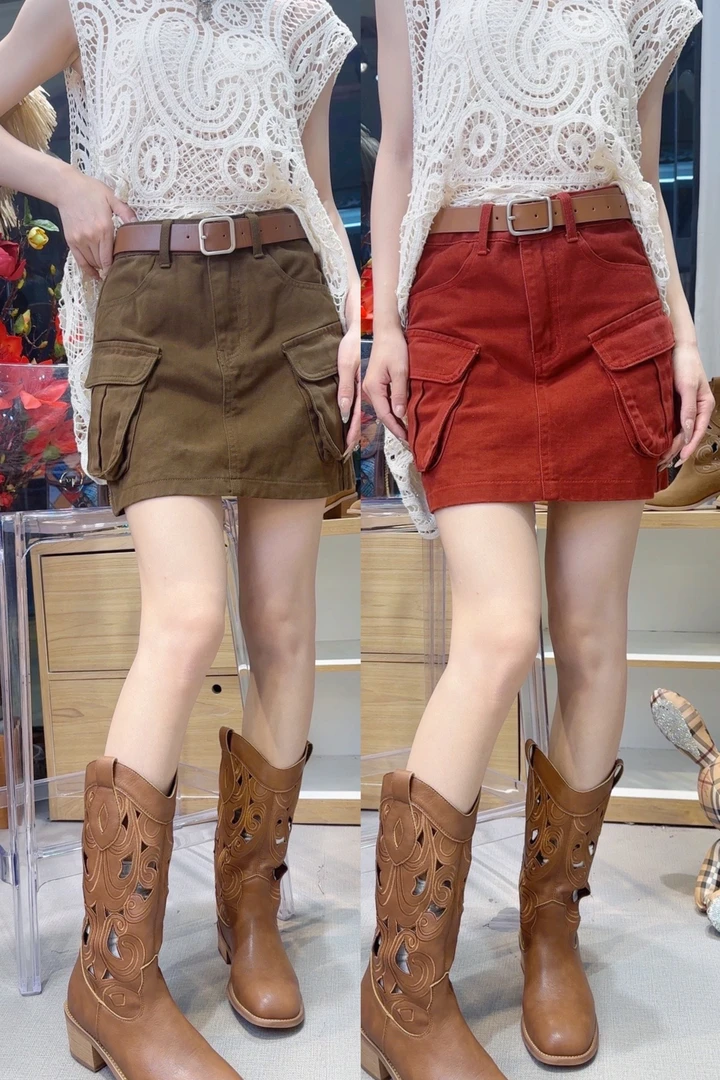 广州唐乐乐～新款口袋工装裙洋气百搭牛仔半身裙女A字短裙BF0051