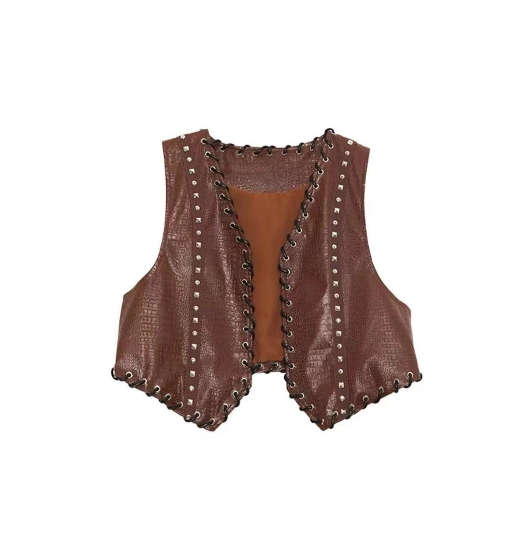 广州唐乐乐~复古穿绳重工西部风皮马甲背心女士短款外搭BF0073