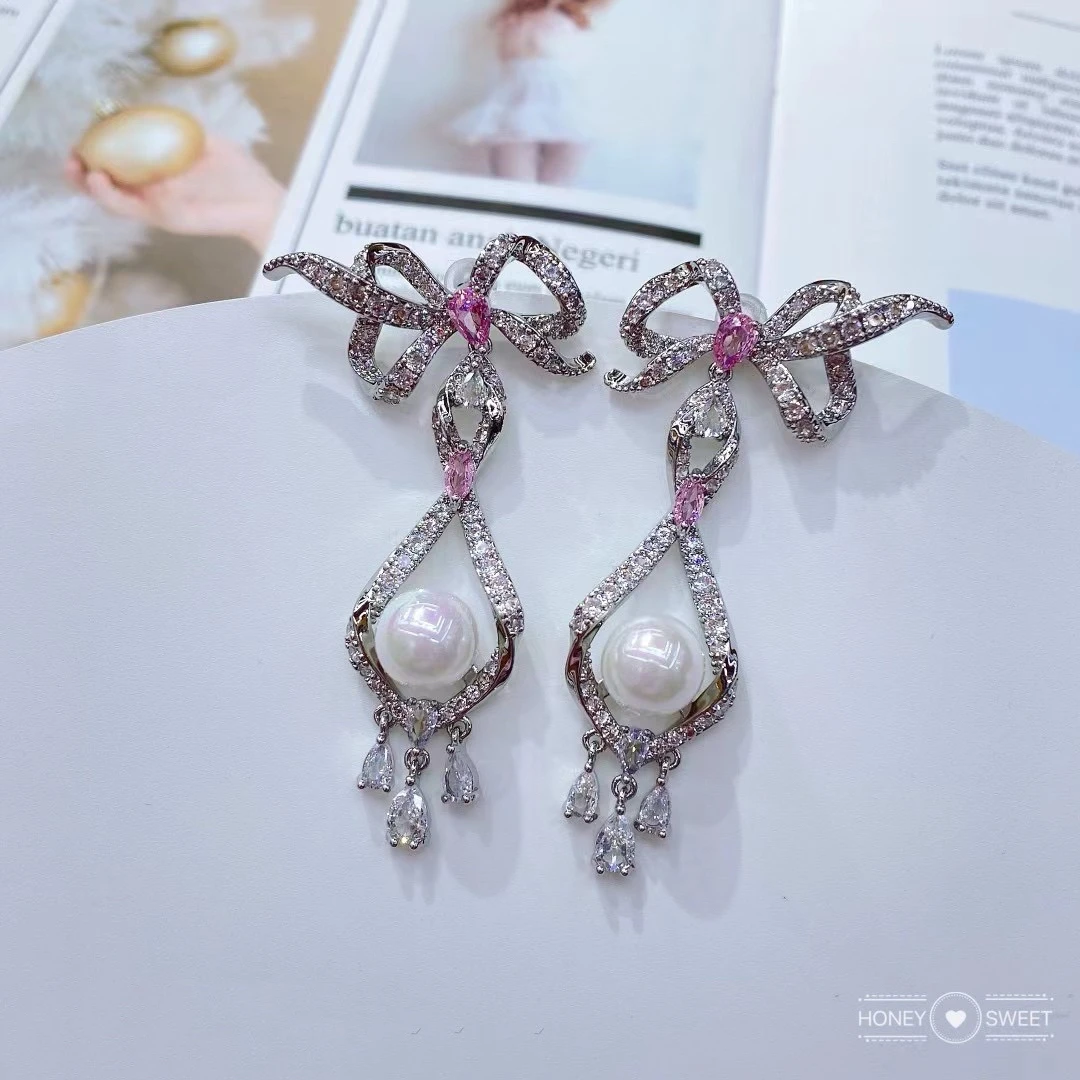 合金合成锆石耳饰 2356白色珠流苏蝴蝶结耳环