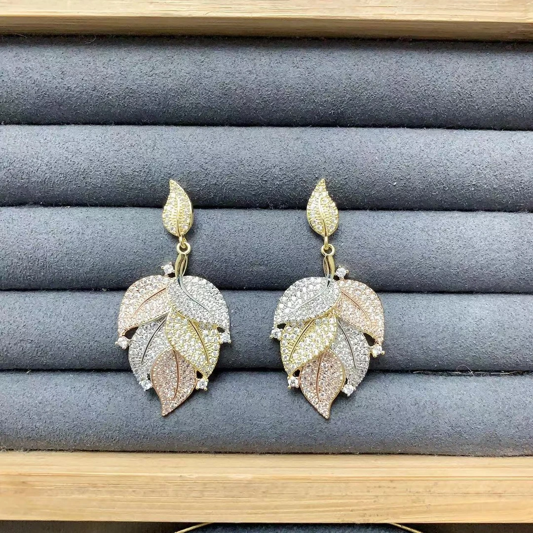 铜合金合成锆石耳饰 3485时尚气质高端叶子流苏耳饰