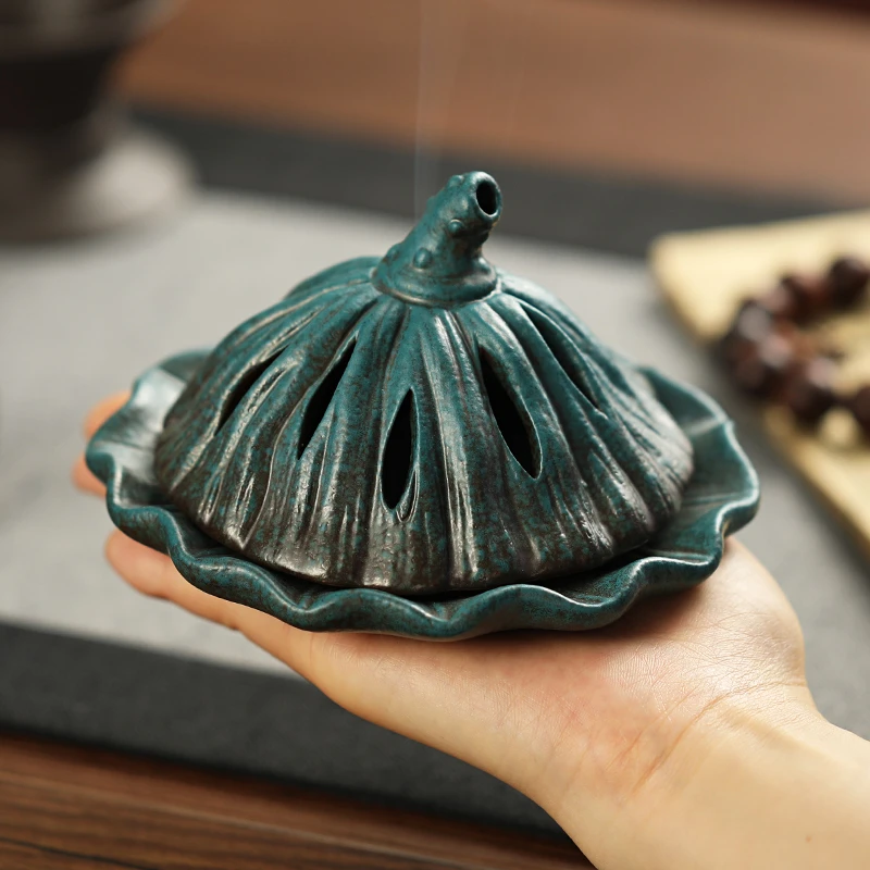 禅意莲蓬盘香炉陶瓷适用室内香薰炉檀香茶道摆件特大号蚊香炉带盖