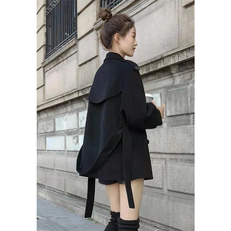 茗月星黑色毛呢大衣女2023春季新款韩版气质宽松中长款毛呢子外套