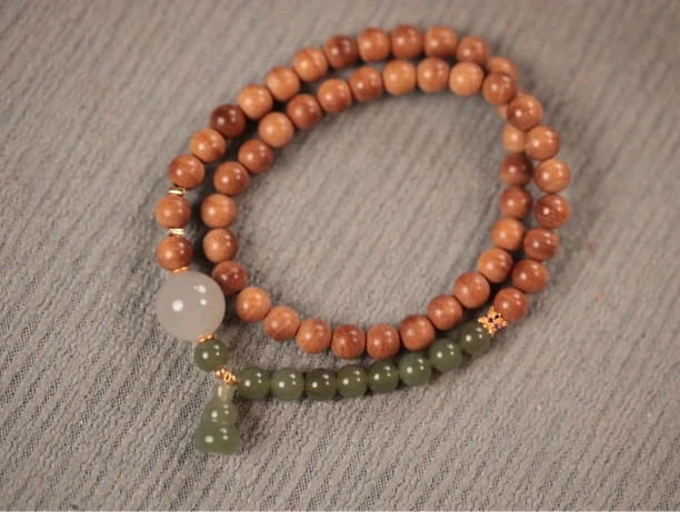 印度老山檀香6mm横纹双圈【荷塘月色】葫芦木带宝手串