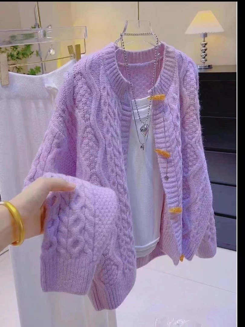 牛角扣麻花毛衣外套慵懒风2025秋冬新款宽松百搭爆款洋气开衫