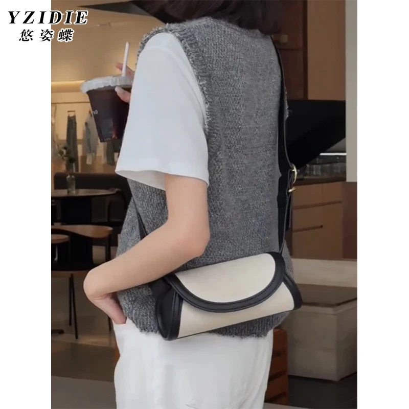 法棍包包女士2024新款春夏法式复古拼色圆筒帆布包时尚单肩斜挎包