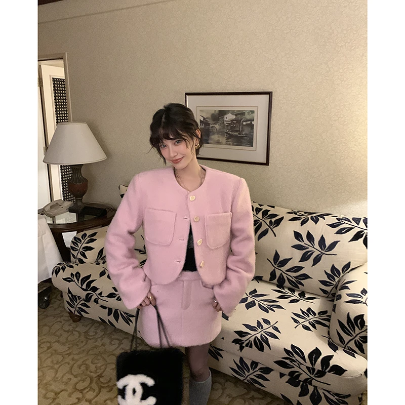 【樱花舒芙蕾】50%羊毛呢小香风短外套女+短裙套装4012