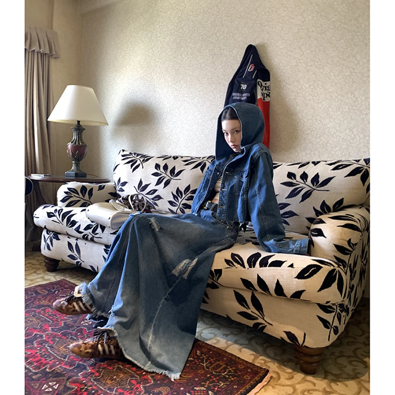 【匹诺曹】复古连帽短牛仔外套+破洞半身裙套装3785