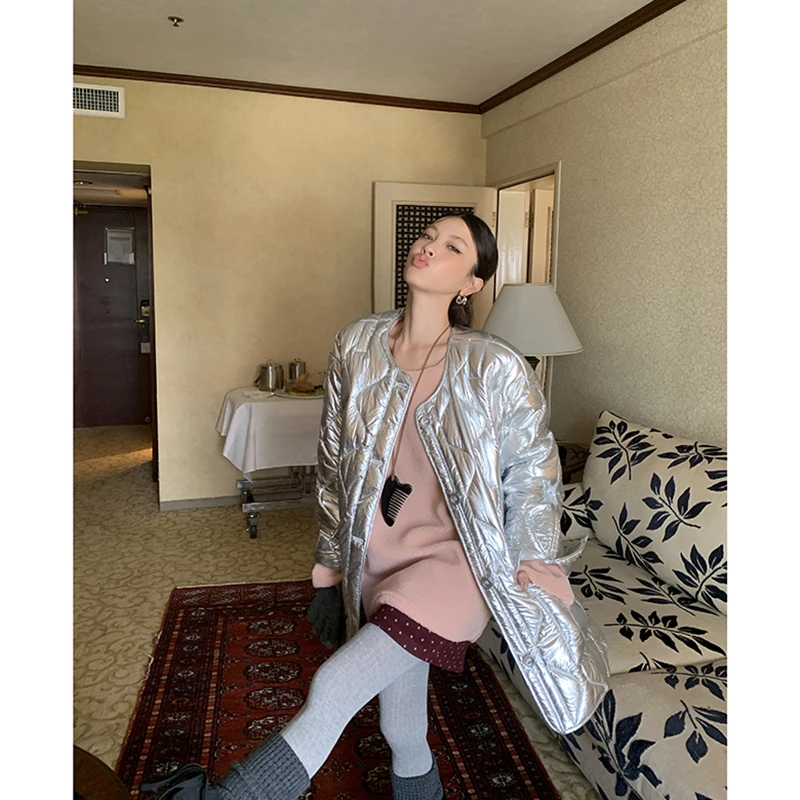 【流光水银】银色亮面菱格棉衣外套女高级感棉服3934