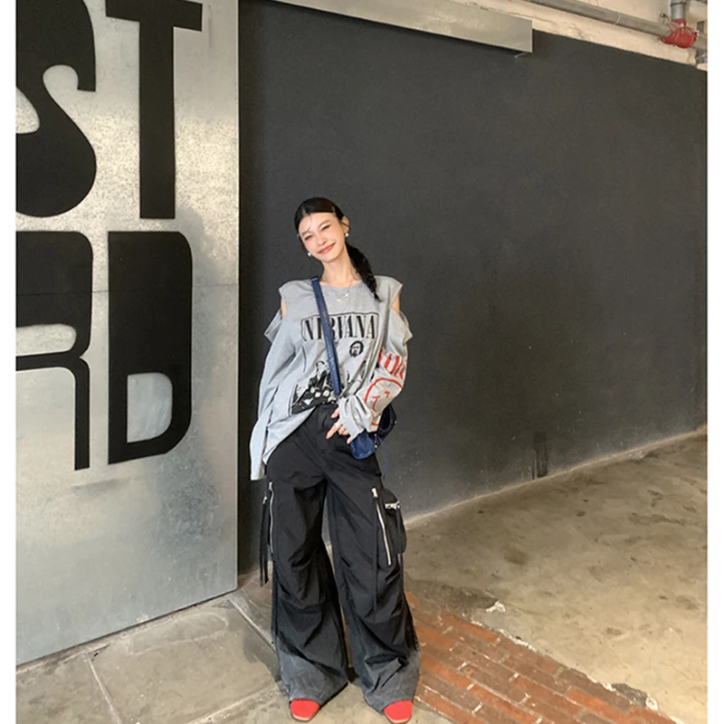 【爱情闯进门】露肩印花长袖T恤女慵懒风宽松百搭上衣3758