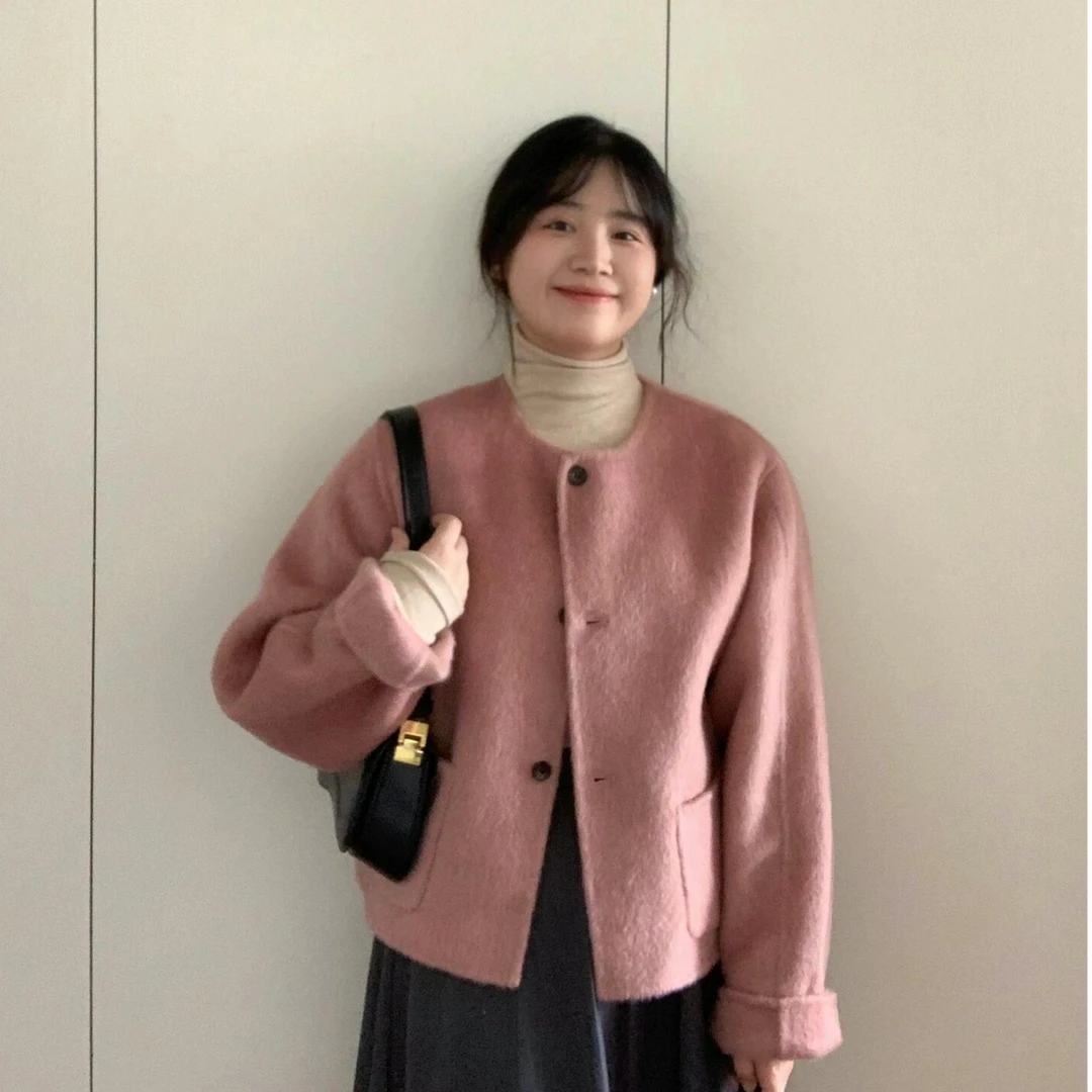 高级感韩系短款毛呢大衣女秋冬季新款小香风百褶半身裙女三件套