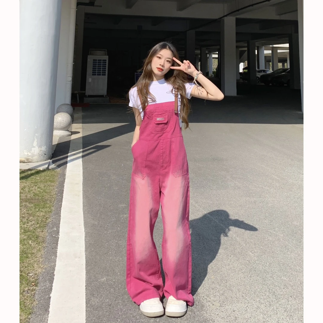 火龙果色工装牛仔背带裤女夏季2023新款直筒拖地阔腿裤宽松连体裤