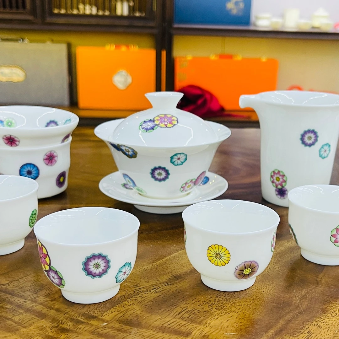 三才轻奢高档羊脂玉盖碗茶具一整套带盖手工茶具套装泡茶茶壶茶具