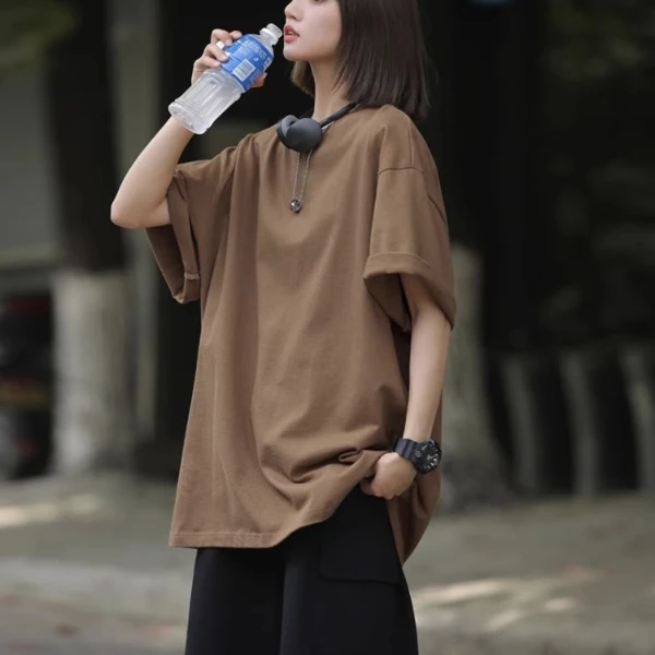 深咖色t恤男短袖夏季纯色重磅日系复古cityboy体恤大码百搭五分袖